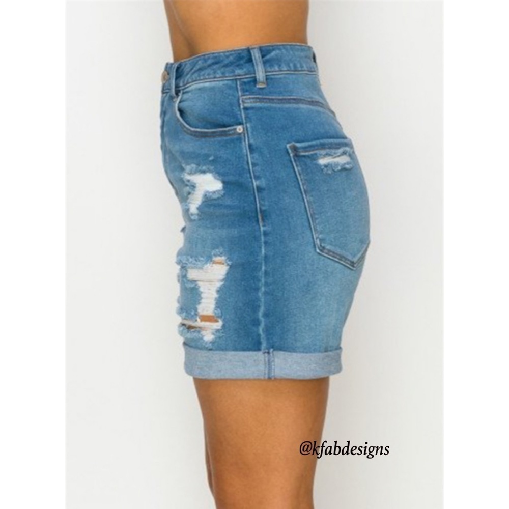 Soft, Stretchy Hi Rise Relaxed Fit Distressed Mom Shorts with Cuffs! - Picture 4 of 5